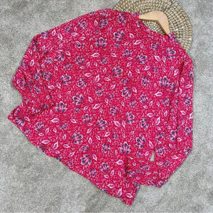 Joie Longsleeve Smocked Cuff Ruffle Neck Blouse Top Lined Floral Pink Size L